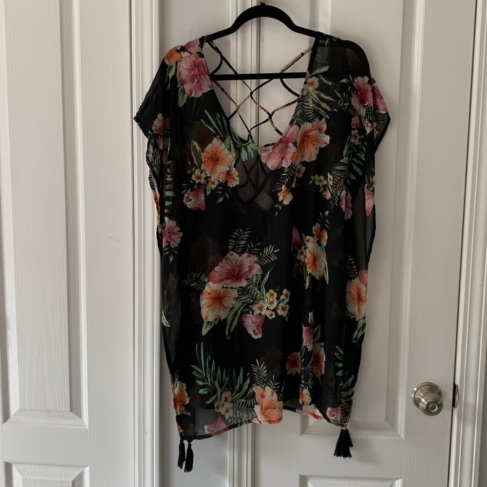 Kona Sol Top Swimsuit Cover Up Black Floral Blue Purple size S bohemian sheer
